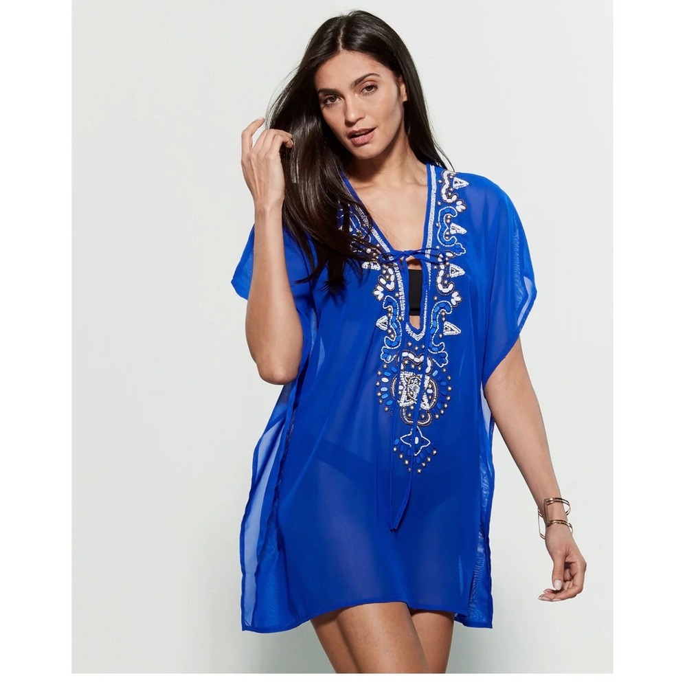 Spiaggia Dolce Cover Up Womens M‎ Royal Blue New Beaded Sheer Chiffon Style
